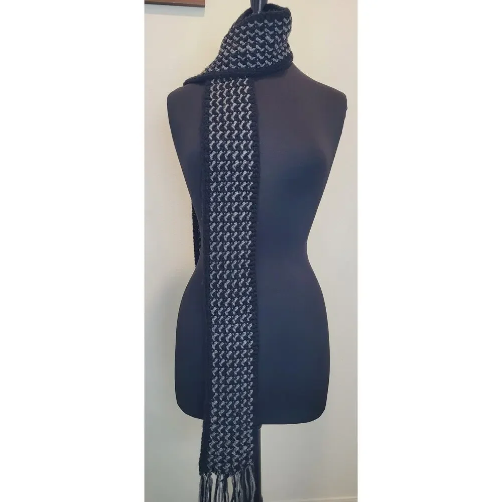 Handmade Crochet Scarf Black Gray Fringe Cozy Winter 70